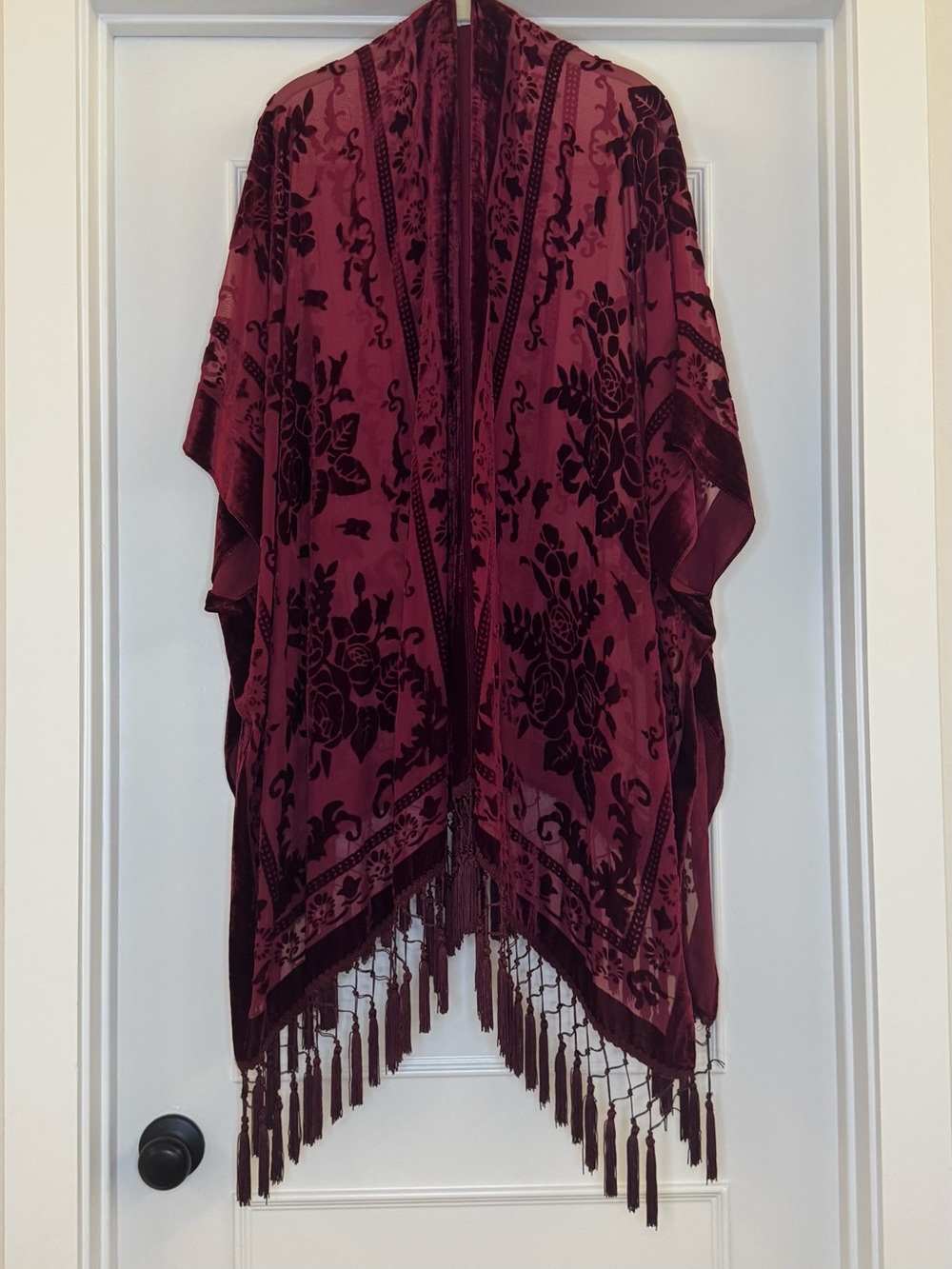 Velvet Burnout Floral Fringe Boho-Style Kimono Open Front Sides in Burgundy